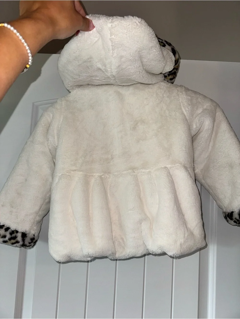 Rothschild Cream Faux-Fur Hooded Coat with Leopard Trim